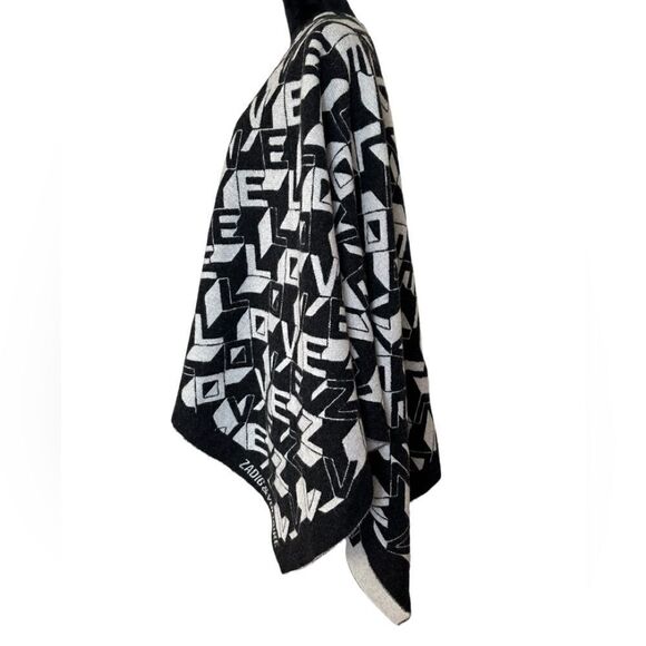 ZADIG & VOLTAIRE Elliot Love Wool-Blend Poncho - Black White LOGO - Picture 9 of 13